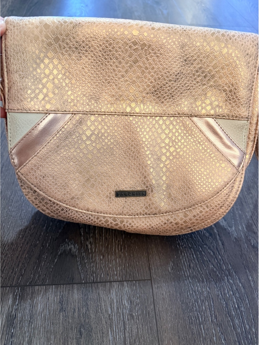 Parchita Metallic Rose Gold Snakeskin Crossbody Purse Saddle Bag